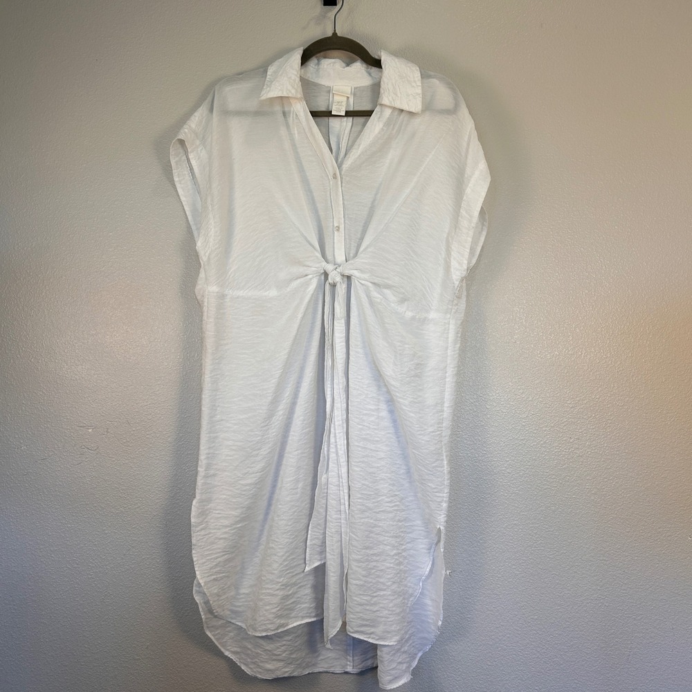 H&M White Textured Short Sleeve Front Tie Button Up Shirt Dress Women's Size XS